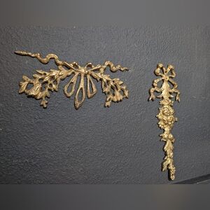 Vintage, Set of 2, Brass French Style Ornate Bow Rose Detail Pediment Wall Decor